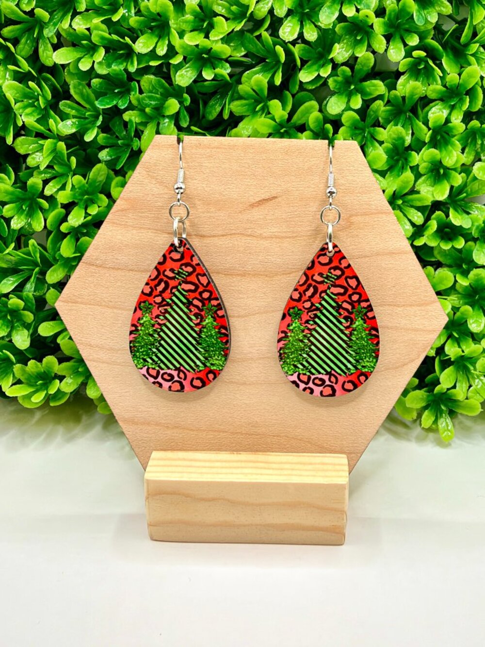 Pink Leopard Print Christmas Tree Sublimated Teardrop Earrings